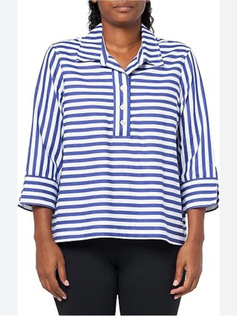 Ali Miles Top Women Sz 1X Striped Popover 100% Cotton Artsy Nautical Lagenlook